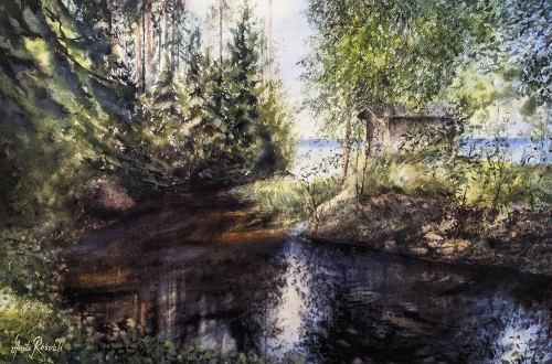 Det lilla huset vid det gyllene vattnet - originalmålning av Anita Rosvall