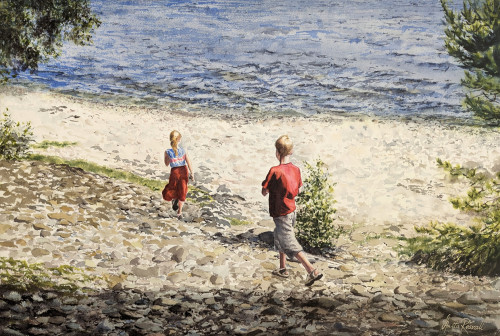 En dag pa stranden - originalmålning av Anita Rosvall