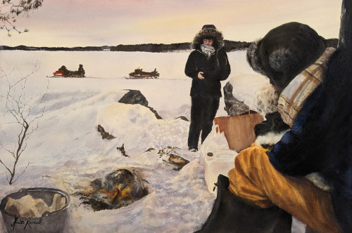 En stunds vila i vinterskymning - originalmålning av Anita Rosvall