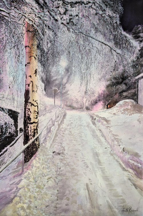 Sparkling winter evening - original Painting by Anita Rosvall